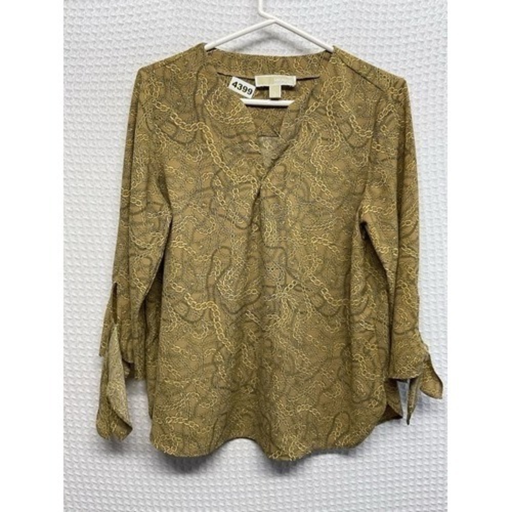 Michael Kors Beige/Gold Chain Print V-Neck Blouse Top‎ Women Large Cambodia